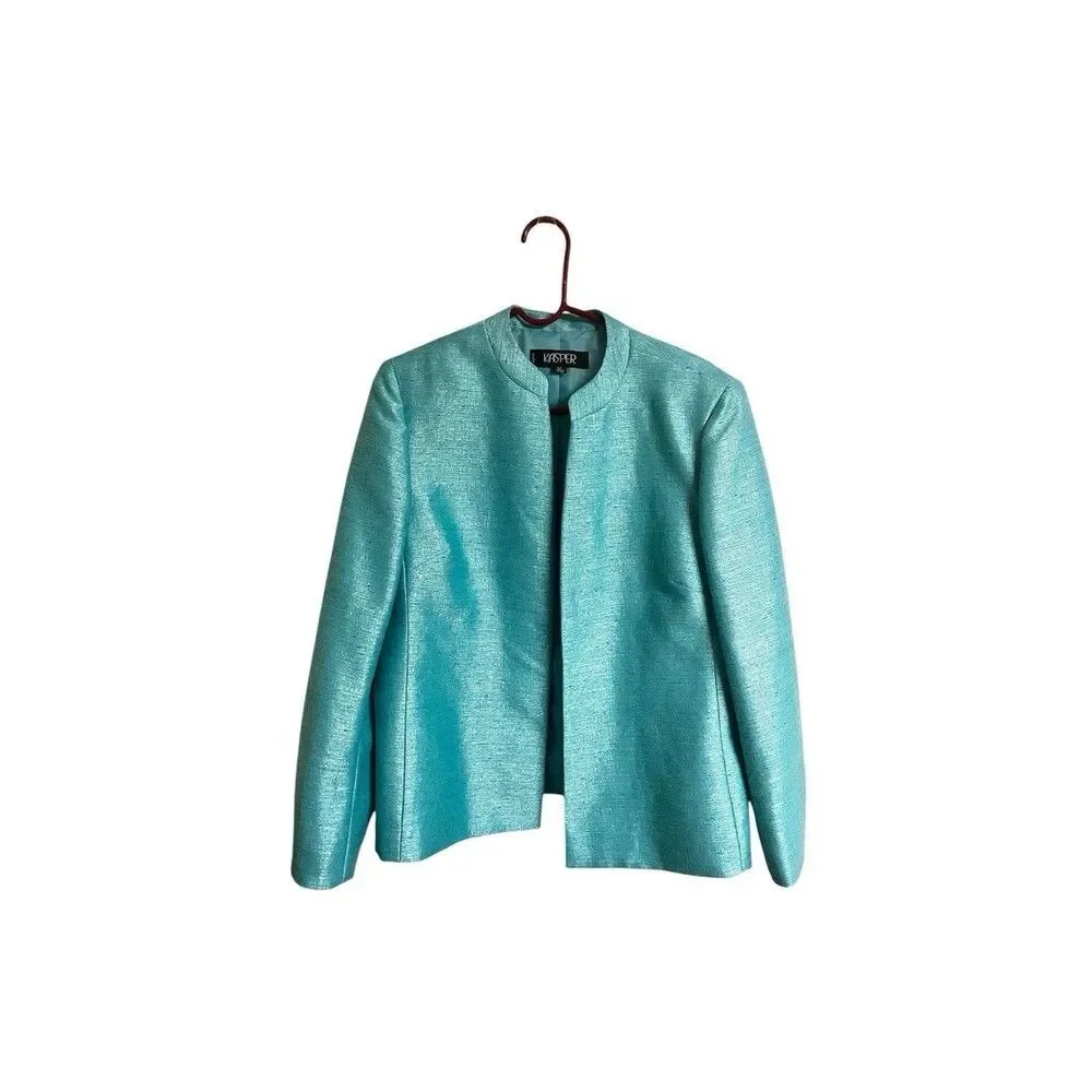 Kasper Women’s Blazer Jacket Teal Aqua Open Front Tweed Petite Sz 16 P